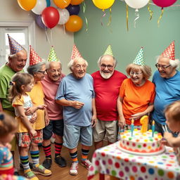 A whimsical and cheerful scene featuring a group of very polite elderly individuals at a children's birthday party