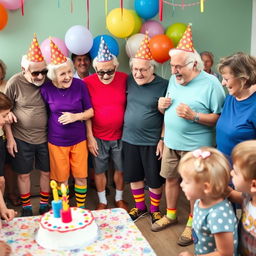 A whimsical and cheerful scene featuring a group of very polite elderly individuals at a children's birthday party