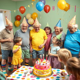 A whimsical and cheerful scene featuring a group of very polite elderly individuals at a children's birthday party