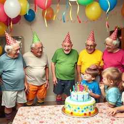 A whimsical and cheerful scene featuring a group of very polite elderly individuals at a children's birthday party
