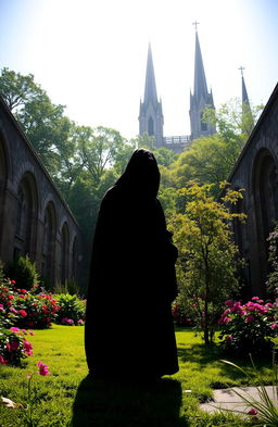 A shadowy figure standing in a lush, green landscape reminiscent of a religious city, with ancient stone architecture and vibrant flowers