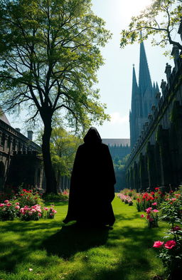 A shadowy figure standing in a lush, green landscape reminiscent of a religious city, with ancient stone architecture and vibrant flowers