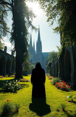 A shadowy figure standing in a lush, green landscape reminiscent of a religious city, with ancient stone architecture and vibrant flowers