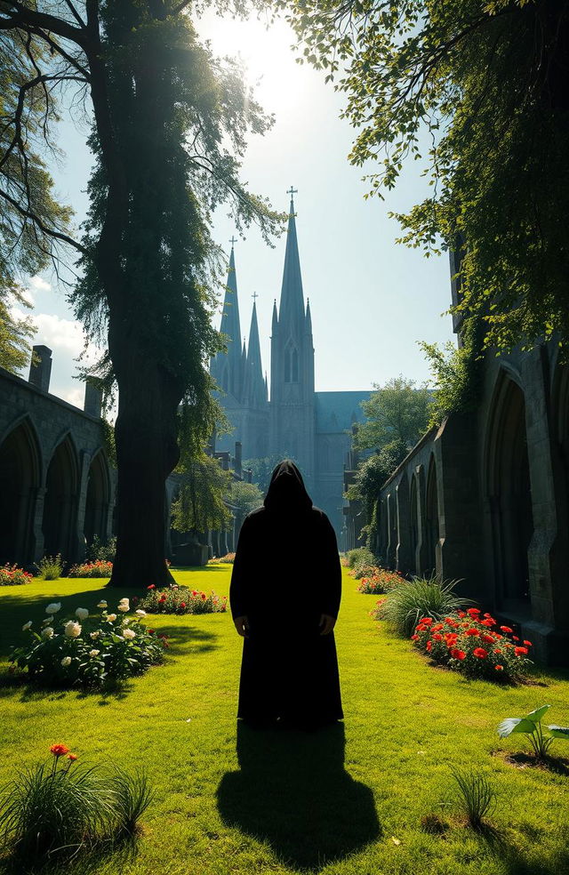 A shadowy figure standing in a lush, green landscape reminiscent of a religious city, with ancient stone architecture and vibrant flowers