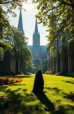 A shadowy figure standing in a lush, green landscape reminiscent of a religious city, with ancient stone architecture and vibrant flowers
