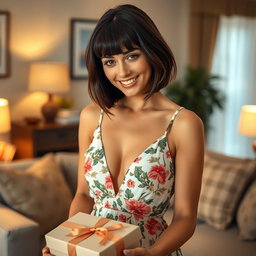 A stunning 32-year-old woman standing by a stylish couch in a cozy living room, highlighting her dark brown bobbed hair with bangs