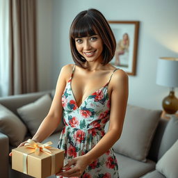 A stunning 32-year-old woman standing by a stylish couch in a cozy living room, highlighting her dark brown bobbed hair with bangs