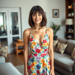 A beautiful 36-year-old woman standing by a couch in a cozy living room