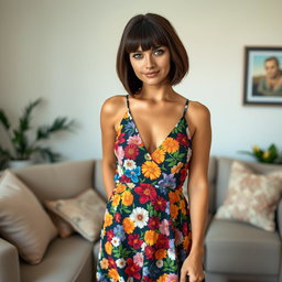A beautiful 36-year-old woman standing by a couch in a cozy living room