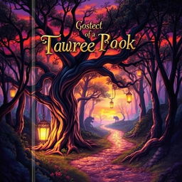 A captivating book cover design featuring a mystical forest at twilight, with vibrant colors of orange and purple in the sky
