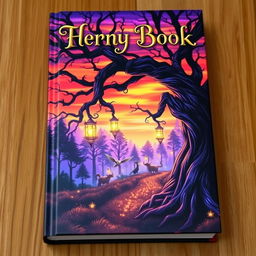 A captivating book cover design featuring a mystical forest at twilight, with vibrant colors of orange and purple in the sky