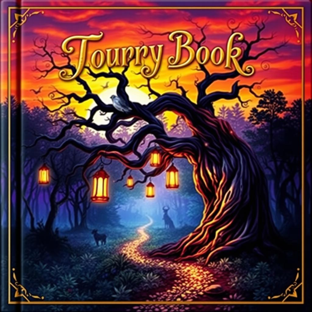 A captivating book cover design featuring a mystical forest at twilight, with vibrant colors of orange and purple in the sky