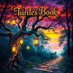 A captivating book cover design featuring a mystical forest at twilight, with vibrant colors of orange and purple in the sky