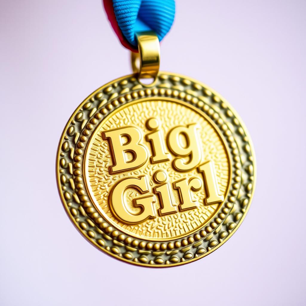 A shiny gold medal featuring an intricate design with a textured finish, prominently displaying the engraved words "Big Girl" in a playful, bold font