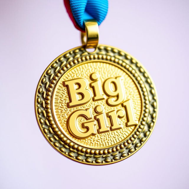 A shiny gold medal featuring an intricate design with a textured finish, prominently displaying the engraved words "Big Girl" in a playful, bold font