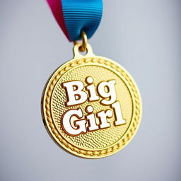 A shiny gold medal featuring an intricate design with a textured finish, prominently displaying the engraved words "Big Girl" in a playful, bold font