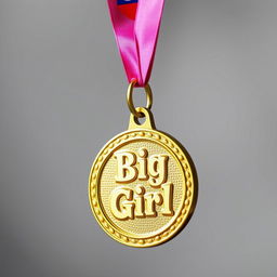 A shiny gold medal featuring an intricate design with a textured finish, prominently displaying the engraved words "Big Girl" in a playful, bold font