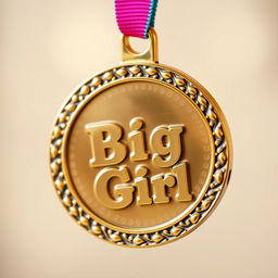 A shiny gold medal featuring an intricate design with a textured finish, prominently displaying the engraved words "Big Girl" in a playful, bold font