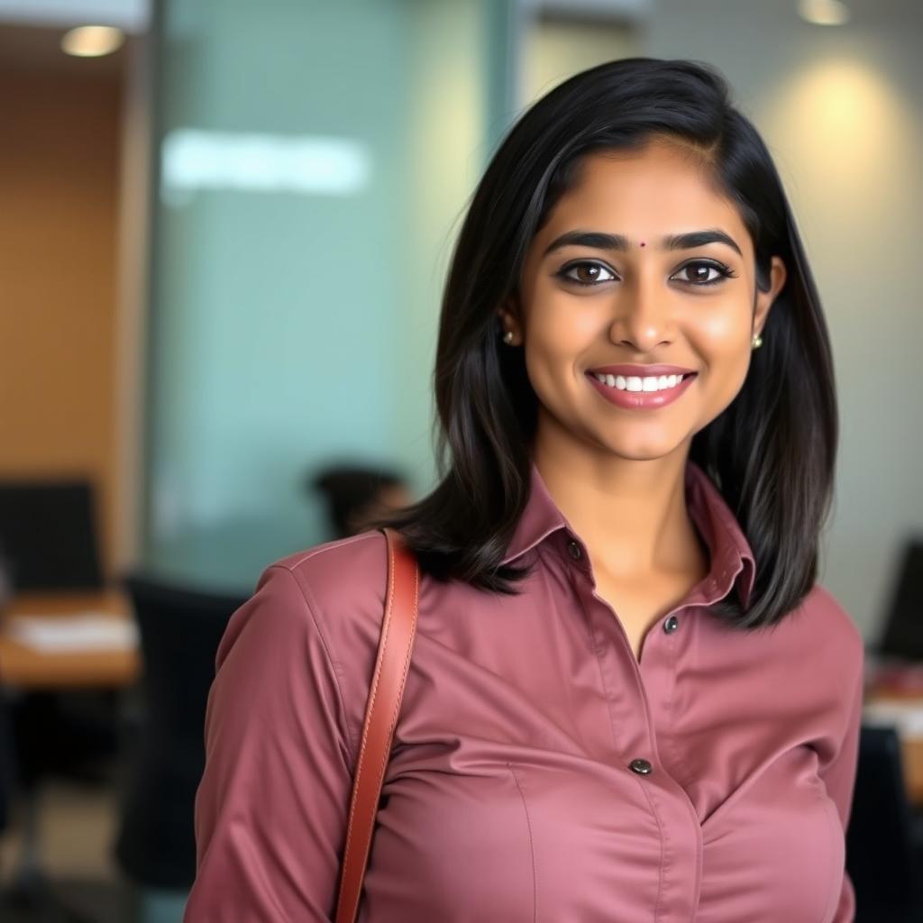 A 22-year-old Indian woman in a professional corporate setting, wearing a stylish shirt with a few buttons open, subtly revealing a delicate bra underneath