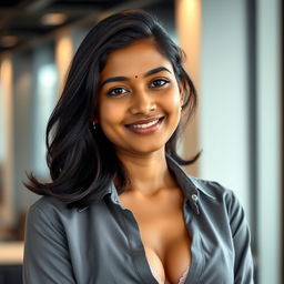 A 22-year-old Indian woman in a professional corporate setting, wearing a stylish shirt with a few buttons open, subtly revealing a delicate bra underneath