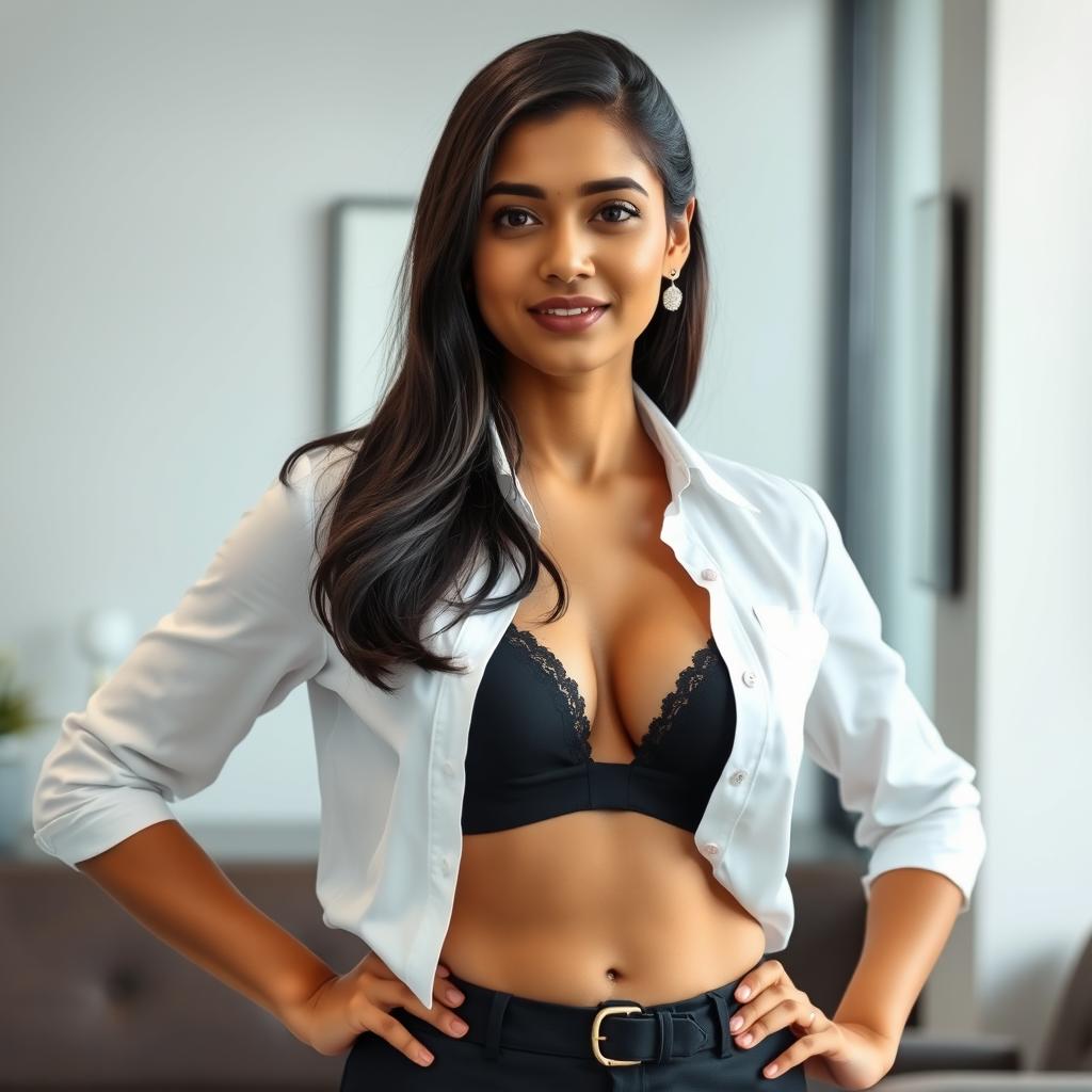 A confident 22-year-old Indian woman in a stylish corporate white shirt with a few buttons open, casually revealing a black bra underneath