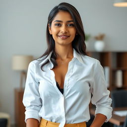 A confident 22-year-old Indian woman in a stylish corporate white shirt with a few buttons open, casually revealing a black bra underneath