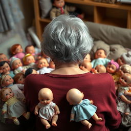 An elderly woman with gray hair, viewed from behind, surrounded by a delightful scene of a dozen baby dolls scattered around her