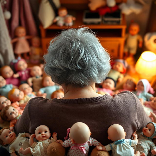 An elderly woman with gray hair, viewed from behind, surrounded by a delightful scene of a dozen baby dolls scattered around her