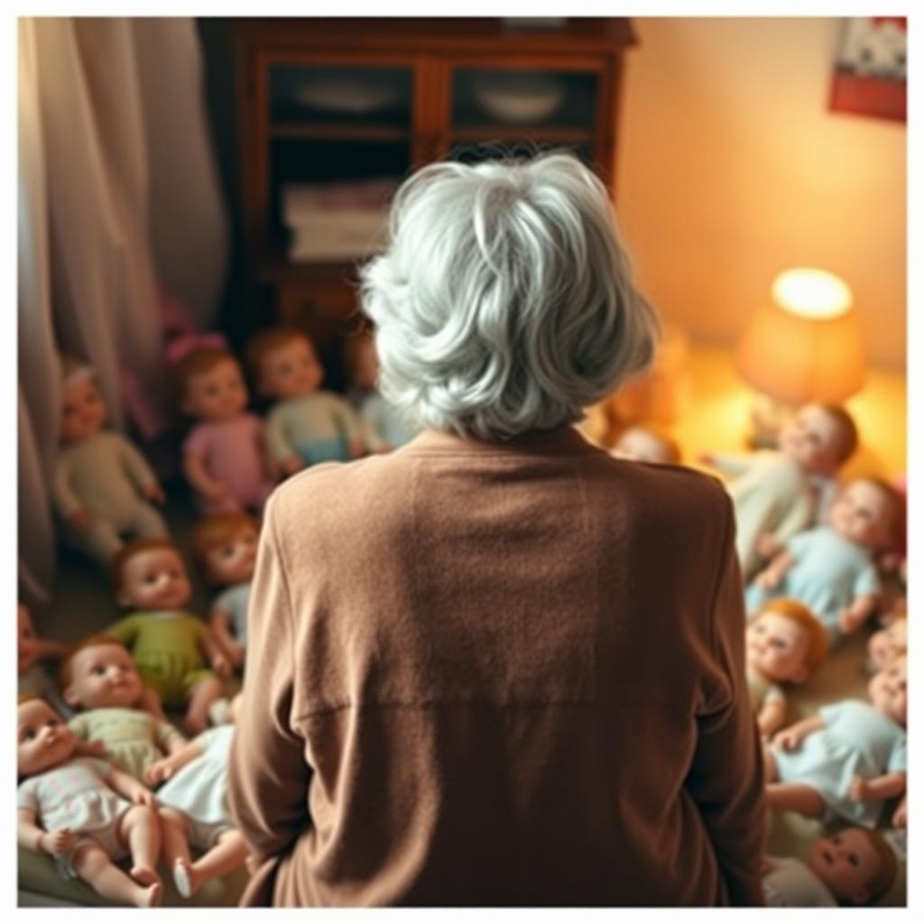 An elderly woman with gray hair, viewed from behind, surrounded by a delightful scene of a dozen baby dolls scattered around her