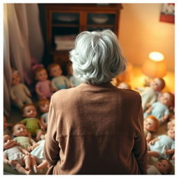 An elderly woman with gray hair, viewed from behind, surrounded by a delightful scene of a dozen baby dolls scattered around her