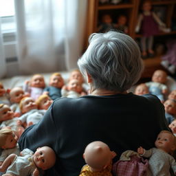 An elderly woman with gray hair, viewed from behind, surrounded by a delightful scene of a dozen baby dolls scattered around her