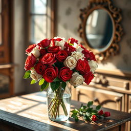 An exquisite still-life arrangement featuring a vintage glass vase filled with a lush bouquet of vibrant red and white roses, their petals dewy and fresh
