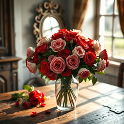 An exquisite still-life arrangement featuring a vintage glass vase filled with a lush bouquet of vibrant red and white roses, their petals dewy and fresh