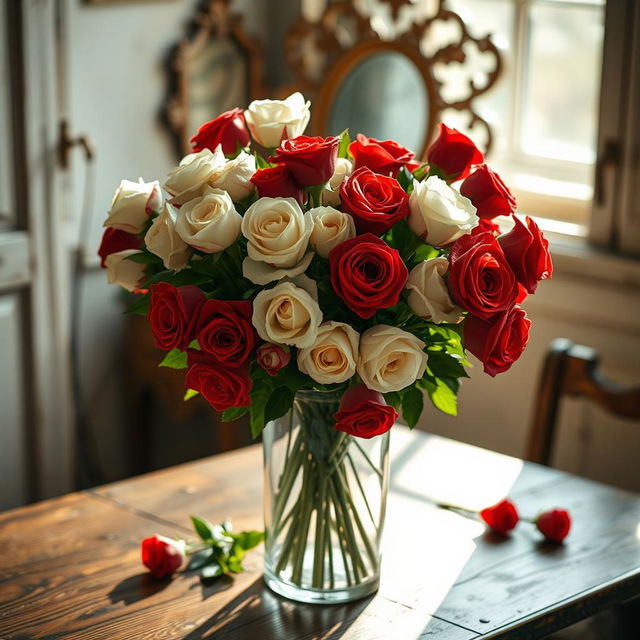 An exquisite still-life arrangement featuring a vintage glass vase filled with a lush bouquet of vibrant red and white roses, their petals dewy and fresh