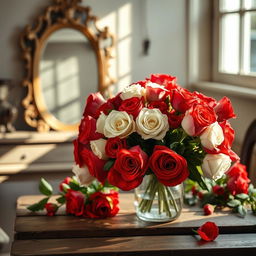 An exquisite still-life arrangement featuring a vintage glass vase filled with a lush bouquet of vibrant red and white roses, their petals dewy and fresh