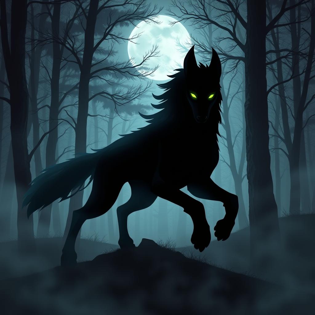 A dynamic and fierce shadow hound, portrayed in a mystical forest setting