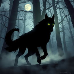 A dynamic and fierce shadow hound, portrayed in a mystical forest setting