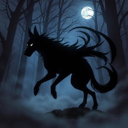 A dynamic and fierce shadow hound, portrayed in a mystical forest setting