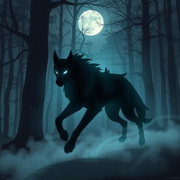 A dynamic and fierce shadow hound, portrayed in a mystical forest setting