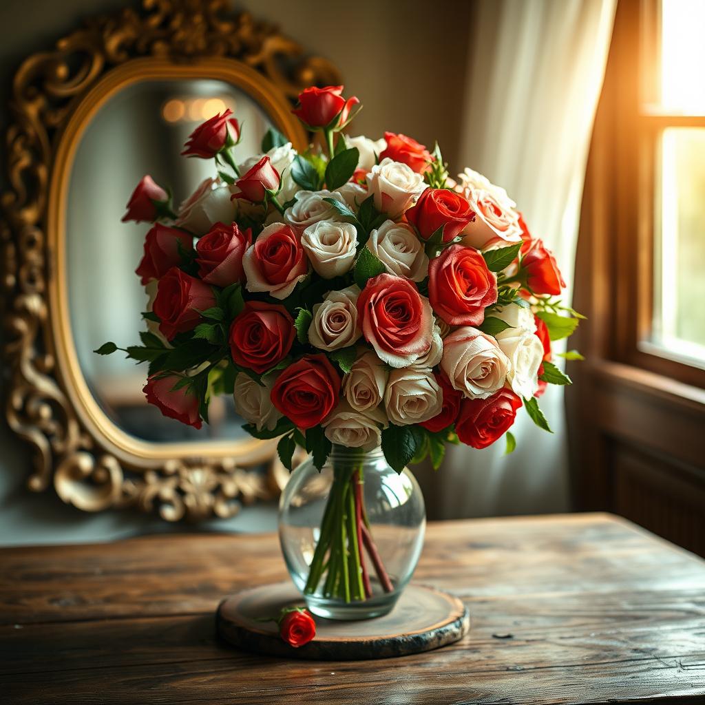 An exquisite still-life arrangement showcasing a stunning vintage glass vase filled with an opulent bouquet of lush, vibrant red and white roses, their delicate petals glistening with dewdrops