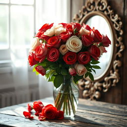 An exquisite still-life arrangement showcasing a stunning vintage glass vase filled with an opulent bouquet of lush, vibrant red and white roses, their delicate petals glistening with dewdrops