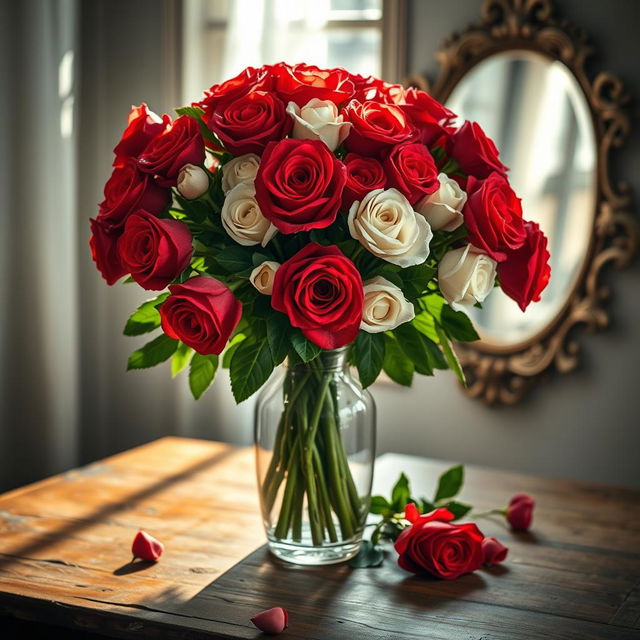 An exquisite still-life arrangement showcasing a stunning vintage glass vase filled with an opulent bouquet of lush, vibrant red and white roses, their delicate petals glistening with dewdrops