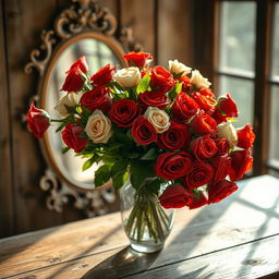 An exquisite still-life arrangement showcasing a stunning vintage glass vase filled with an opulent bouquet of lush, vibrant red and white roses, their delicate petals glistening with dewdrops