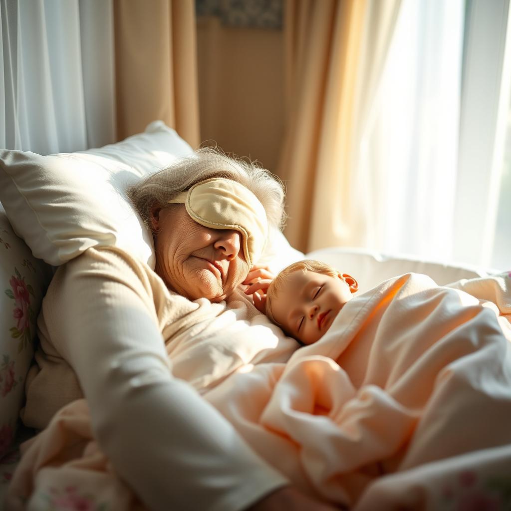 An old woman with soft, gray hair gently resting on a pillow, wearing a cozy eye mask, peacefully sleeping in a beautifully made bed