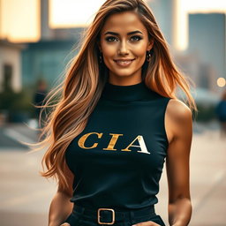 A stunningly beautiful woman standing confidently, her name 'CIA' elegantly printed in bold, stylish letters across her chest