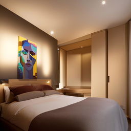 A contemporary bedroom with a stylish décor, featuring a king-sized bed, modern art on the walls, and subtle lighting