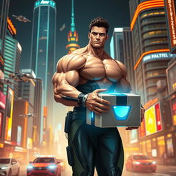 A futuristic muscular delivery person, wearing a sleek, high-tech uniform, delivering a package in an advanced cityscape