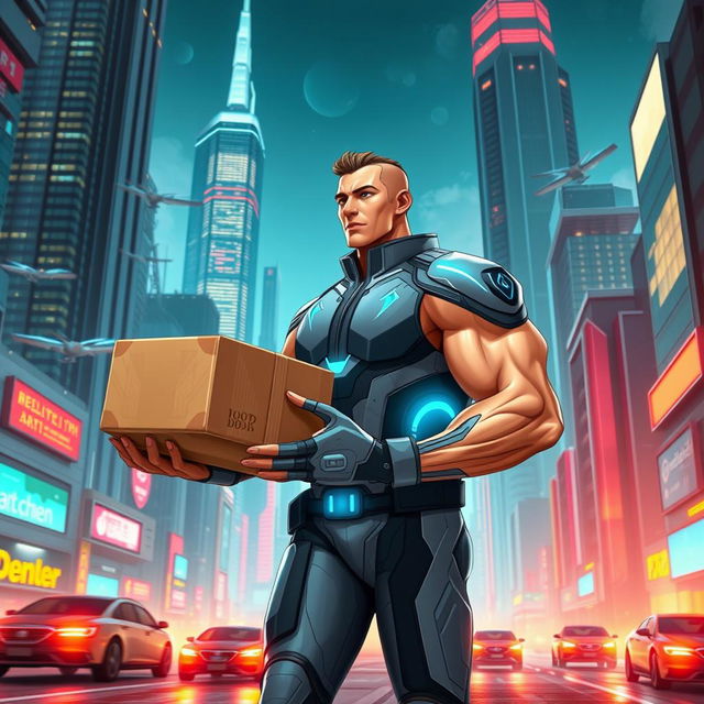 A futuristic muscular delivery person, wearing a sleek, high-tech uniform, delivering a package in an advanced cityscape