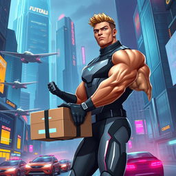 A futuristic muscular delivery person, wearing a sleek, high-tech uniform, delivering a package in an advanced cityscape