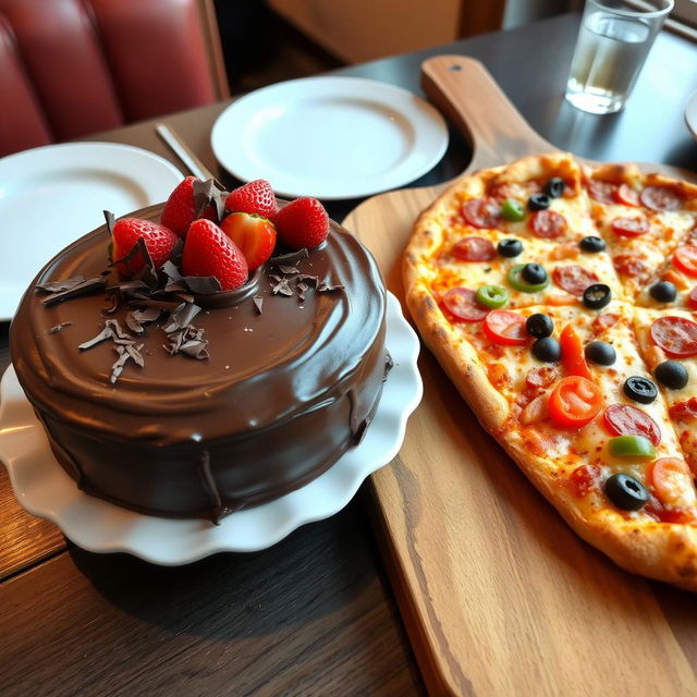 A mouthwatering display featuring a luscious chocolate cake with rich, dark frosting, adorned with fresh strawberries and shavings of chocolate on top, sitting on an elegant white plate